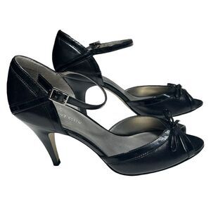 Anne Klein Leather Black High Heels with Bow Peep Toe Ankle Strap 4 Inch Heels